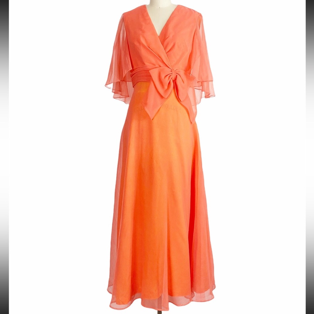 Vintage 1960s Miss Elliette California Coral Chiffon Dress with Capelet